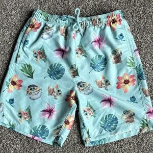 Star Wars Mens Mandalorian‎ Swim Trunks Shorts Size Small Grogu Baby Yoda Blue